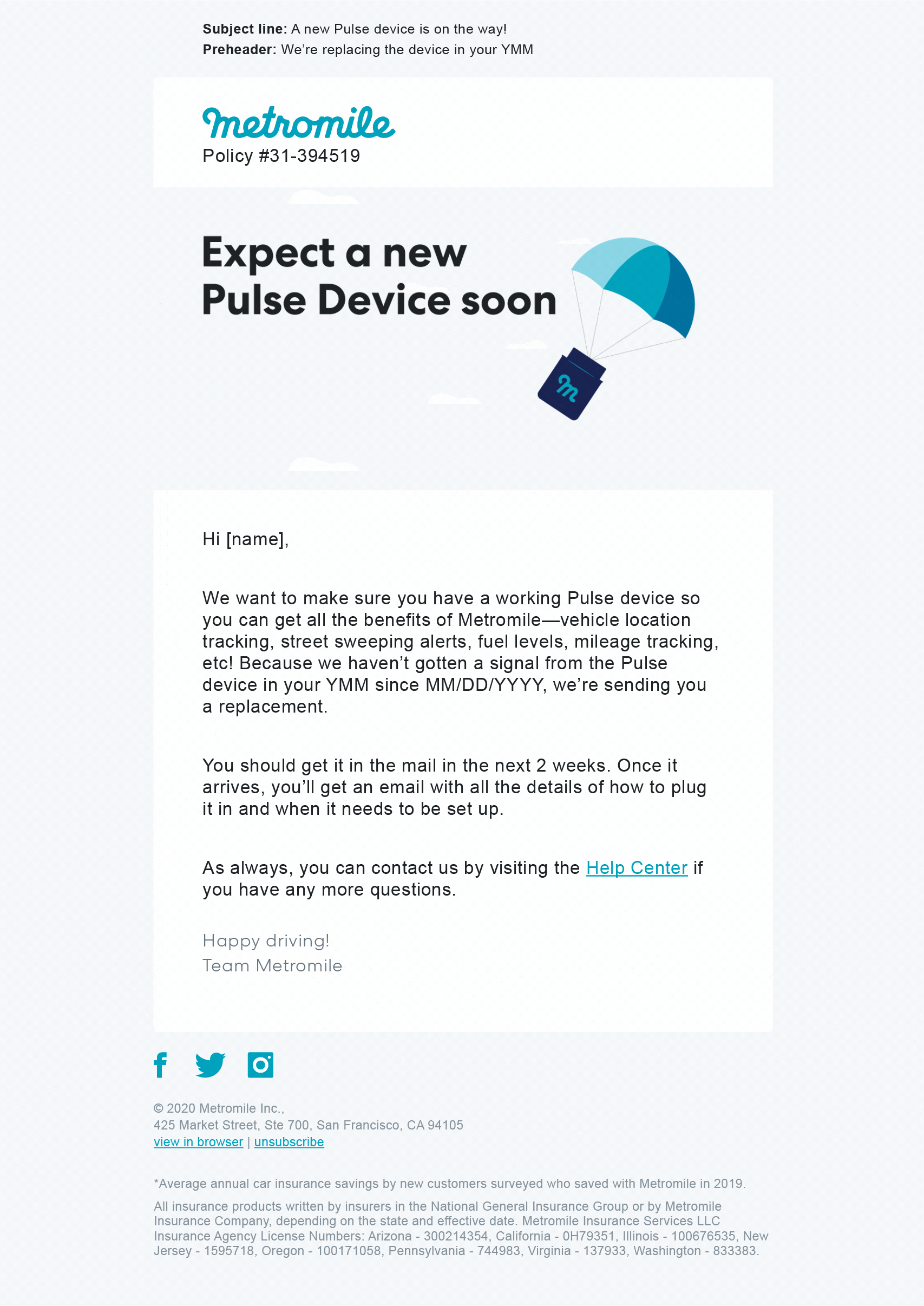Animated email mockup offering to send a new Pulse device when the existing one couldn't be reconnected.